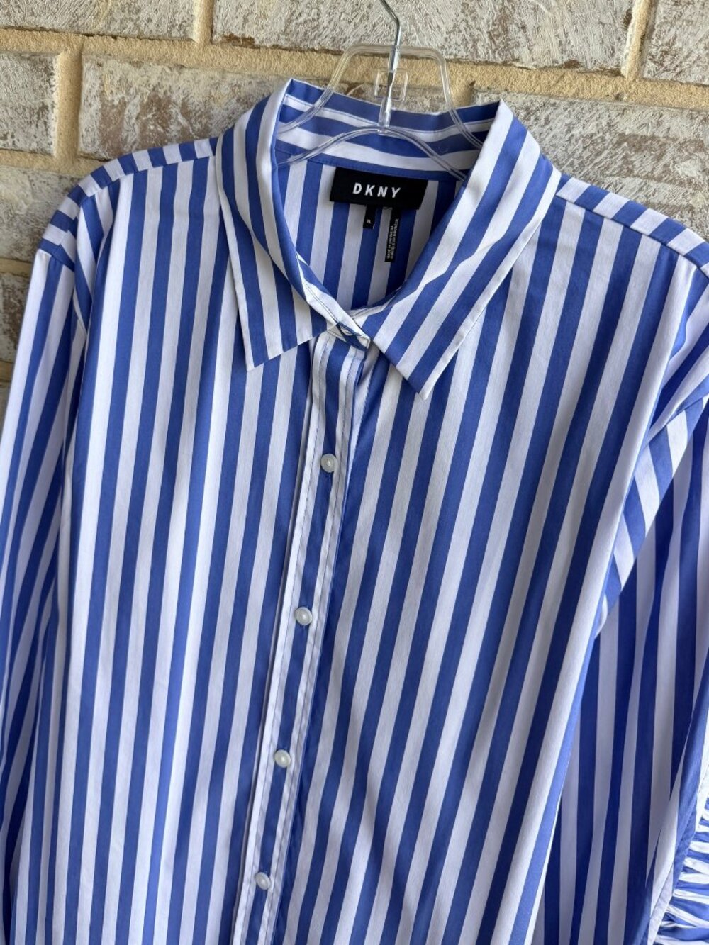 DKNY Ruffled Long Sleeve Button Up Blue/White Striped Shirt Women's Size XL - Picture 5 of 8